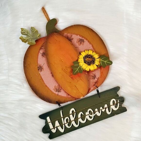 Pumpkin & Sunflower Whimsical Harvest Wood Painted Welcome Door Hanger Sign - Picture 4 of 9